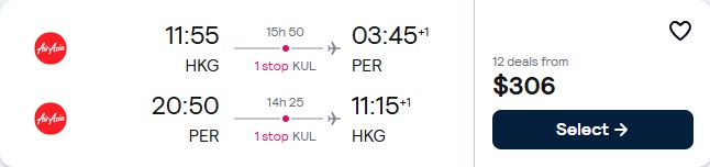 Click here to book this cheap flight deal. Cheap flights from Hong Kong to Perth, Australia for only $306 USD roundtrip. Flight deal ticket image.