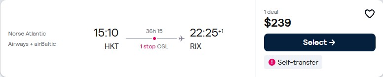 Cheap flights from Phuket, Thailand to Riga, Latvia for only $239 USD one-way. Flight deal ticket image.