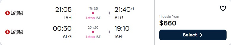 Cheap flights from Houston, Texas to Algiers, Algeria for only $660 roundtrip with Turkish Airlines. Flight deal ticket image.