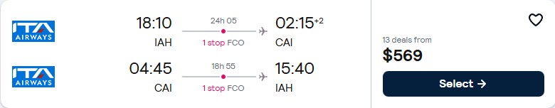 Click here to book this cheap flight deal. Cheap flights from Houston, Texas to Cairo, Egypt for only $569 roundtrip. Flight deal ticket image.
