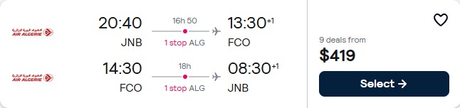 Click here to book this cheap flight deal. Cheap flights from Johannesburg, South Africa to Rome, Italy for only $418 USD roundtrip with Air Algerie. Flight deal ticket image.