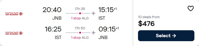 Cheap flights from Johannesburg, South Africa to Istanbul, Turkey for only $476 USD roundtrip with Air Algerie. Flight deal ticket image.