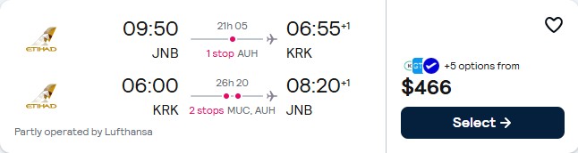 Click here to book this cheap flight deal. Summer flights from Johannesburg, South Africa to Krakow, Poland for only $466 USD roundtrip with Etihad Airways and Lufthansa. Flight deal ticket image.