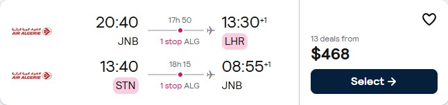 Click here to book this cheap flight deal. Cheap flights from Johannesburg, South Africa to London, UK for only $468 USD roundtrip with Air Algerie. Flight deal ticket image.
