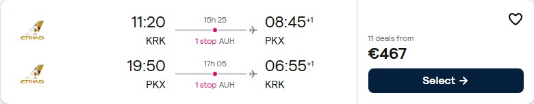 Cheap flights from Krakow, Poland to Beijing, China for only €467 roundtrip with Etihad Airways. Flight deal ticket image.