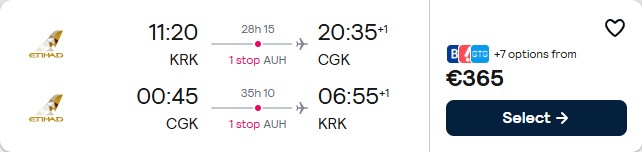 Cheap flights from Krakow, Poland to Jakarta, Indonesia for only €365 roundtrip with Etihad Airways. Flight deal ticket image.