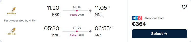 Click here to book this cheap flight deal. Cheap flights from Krakow, Poland to Manila, Philippines for only €364 roundtrip with Etihad Airways. Flight deal ticket image.