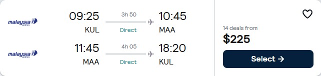 Click here to book this cheap flight deal. Non-stop flights from Kuala Lumpur, Malaysia to Chennai, India for only $225 USD roundtrip with Malaysia Airlines. Flight deal ticket image.