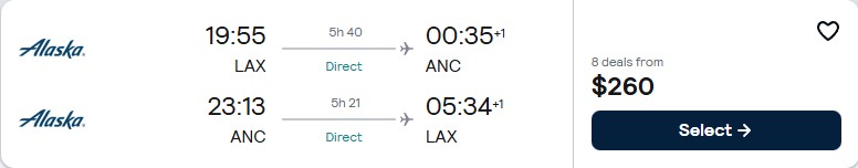 Click here to book this cheap flight deal. Non-stop flights from Los Angeles to Anchorage, Alaska for only $260 roundtrip with Alaska Airlines. Also works in reverse. Flight deal ticket image.