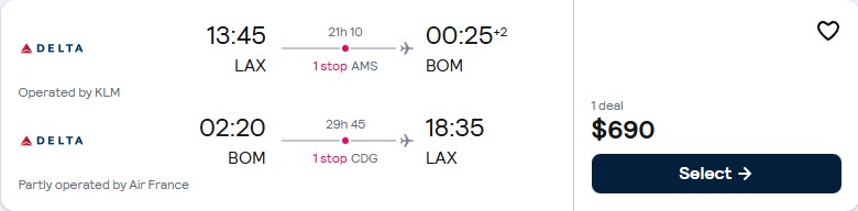 Cheap flights from Los Angeles to Mumbai, India for only $690 roundtrip with KLM, Air France and Delta Air Lines. Flight deal ticket image.
