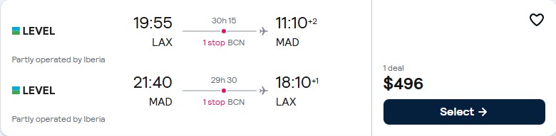 Click here to book this cheap flight deal. Cheap flights from Los Angeles to Madrid, Spain for only $496 roundtrip with Iberia. Flight deal ticket image.