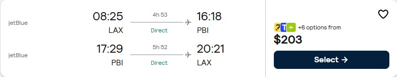 Click here to book this cheap flight deal. Non-stop flights from Los Angeles to West Palm Beach, Florida for only $204 roundtrip with JetBlue. Also works in reverse. Flight deal ticket image.