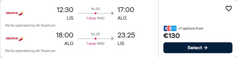 Click here to book this cheap flight deal. Cheap flights from Lisbon, Portugal to Algiers, Algeria for only €130 roundtrip with Iberia. Flight deal ticket image.