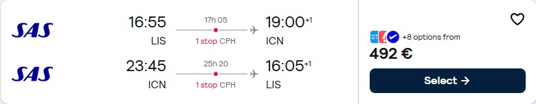 Click here to book this cheap flight deal. Cheap flights from Lisbon, Portugal to Seoul, South Korea for only €475 roundtrip with Scandinavian Airlines. Flight deal ticket image.