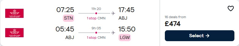 Cheap flights from London, UK to Abidjan, Ivory Coast for only £474 roundtrip with Royal Air Maroc. Flight deal ticket image.