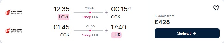 Click here to book this cheap flight deal. Cheap flights from London, UK to Jakarta, Indonesia for only £428 roundtrip. Flight deal ticket image.
