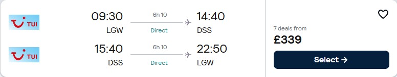 Click here to book this cheap flight deal. Non-stop, last minute flights from London, UK to Dakar, Senegal for only £339 roundtrip. Flight deal ticket image.