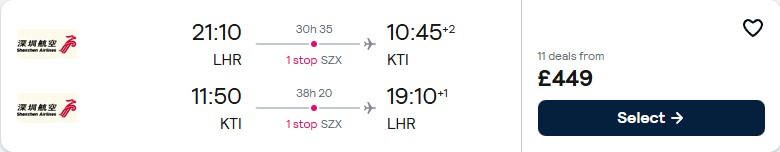 Cheap flights from London, UK to Phnom Penh, Cambodia for only £449 roundtrip. Flight deal ticket image.