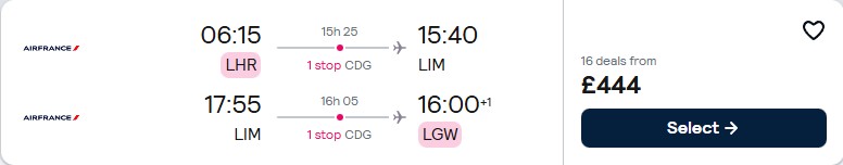 Click here to book this cheap flight deal. Cheap flights from London, UK to Lima, Peru for only £444 roundtrip with Air France. Flight deal ticket image.