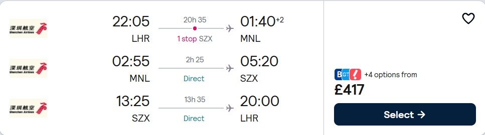 2 in 1 trip...Cheap flights from London, UK to Manila, Philippines and Shenzhen for only £417 roundtrip. Flight deal ticket image.