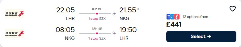 Click here to book this cheap flight deal. Cheap flights from London, UK to Nanjing, China for only £441 roundtrip. Flight deal ticket image.
