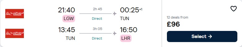 Non-stop flights from London, UK to Tunis, Tunisia for only £96 roundtrip. Flight deal ticket image.