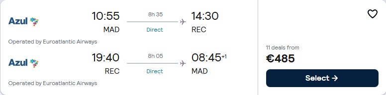 Click here to book this cheap flight deal. Non-stop flights from Madrid, Spain to Recife, Brazil for only €485 roundtrip. Flight deal ticket image.