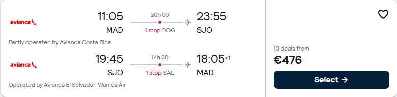 Cheap flights from Madrid, Spain to San Jose, Costa Rica for only €476 roundtrip with Avianca. Flight deal ticket image.