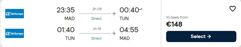 Non-stop flights from Madrid, Spain to Tunis, Tunisia for only €148 roundtrip with Air Europa. Flight deal ticket image.