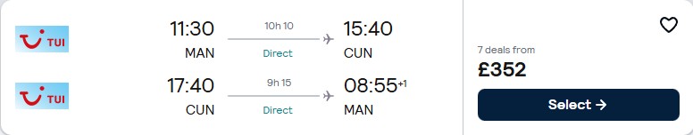 Click here to book this cheap flight deal. Non-stop flights from UK cities to Cancun, Mexico from only £352 roundtrip. Flight deal ticket image.