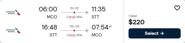 Click here to book this cheap flight deal. Cheap flights from Orlando, Florida to the US Virgin Islands for only $220 roundtrip with American Airlines. Flight deal ticket image.