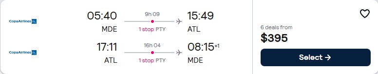 Cheap flights from Medellin, Colombia to Atlanta, USA for only $394 USD roundtrip with Copa Airlines. Flight deal ticket image.