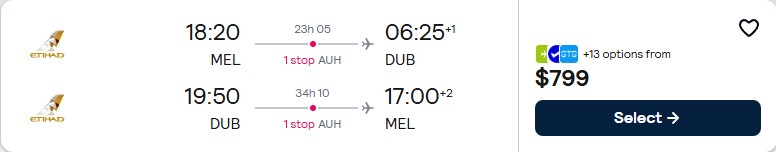 Cheap flights from Melbourne or Sydney, Australia to Dublin, Ireland from only $802 AUD roundtrip with Etihad Airways. Flight deal ticket image.