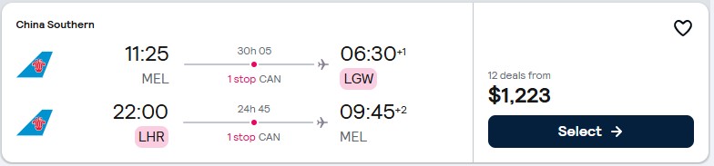 Click here to book this cheap flight deal. Cheap flights from Melbourne, Australia to London, UK for only $1223 AUD roundtrip. Flight deal ticket image.