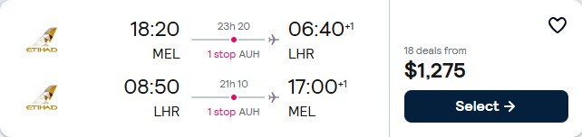 Click here to book this cheap flight deal. Cheap flights from Melbourne, Australia to London, UK for only $1275 AUD roundtrip with Etihad Airways. Flight deal ticket image.