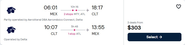 Summer flights from Mexico City, Mexico to Charlotte, North Carolina for only $289 USD roundtrip with Aeromexico and Delta Air Lines. Flight deal ticket image.
