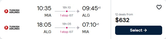 Cheap flights from Miami to Algiers, Algeria for only $632 roundtrip with Turkish Airlines. Flight deal ticket image.