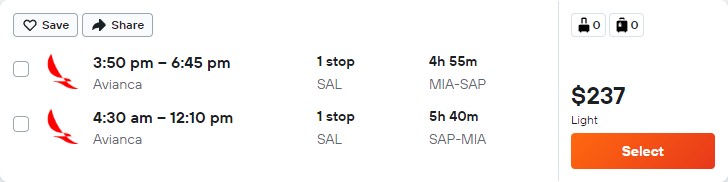Click here to book this cheap flight deal. Cheap flights from Miami to San Pedro Sula, Honduras for only $237 roundtrip with Avianca. Flight deal ticket image.