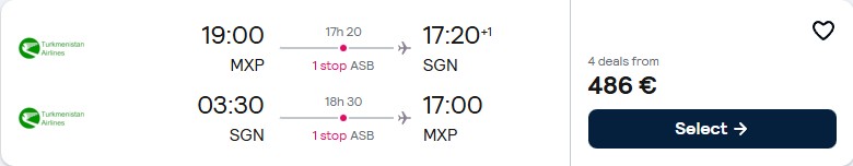 Click here to book this cheap flight deal. Cheap flights from Milan, Italy to Ho Chi Minh City, Vietnam for only €486 roundtrip. Flight deal ticket image.