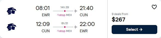 Cheap flights from New York to Cancun, Mexico for only $267 roundtrip with Aeromexico. Flight deal ticket image.