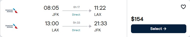Non-stop flights from New York to Los Angeles for only $154 roundtrip with American Airlines. Also works in reverse. Flight deal ticket image.