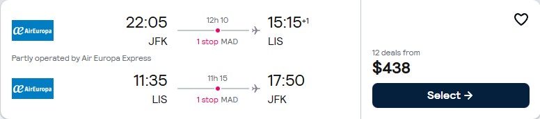 Click here to book this cheap flight deal. Cheap flights from New York to Lisbon, Portugal for only $438 roundtrip with Air Europa. Flight deal ticket image.