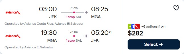 Click here to book this cheap flight deal. Cheap flights from New York to Managua, Nicaragua for only $282 roundtrip with Avianca. Flight deal ticket image.