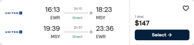 Non-stop flights from New York to New Orleans for only $147 roundtrip with United Airlines. Also works in reverse. Flight deal ticket image.