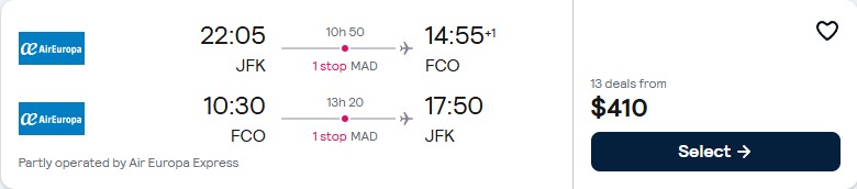 Click here to book this cheap flight deal. Cheap flights from New York to Rome, Italy for only $410 roundtrip with Air Europa. Flight deal ticket image.
