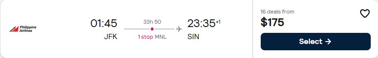 Click here to book this cheap flight deal. Cheap flights from New York to Singapore for only $175 one-way. Flight deal ticket image.