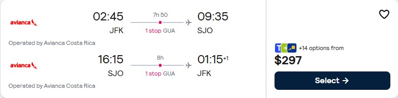 Click here to book this cheap flight deal. Cheap flights from New York to San Jose, Costa Rica for only $297 roundtrip with Avianca. Flight deal ticket image.
