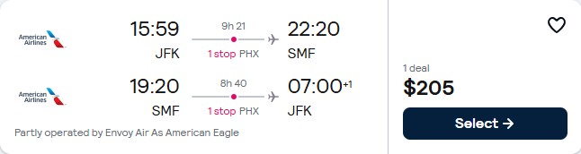 Cheap flights from New York to Sacramento, California for only $205 roundtrip with American Airlines. Also works in reverse. Flight deal ticket image.