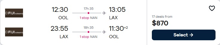 Click here to book this cheap flight deal. Summer flights from Australian cities to Los Angeles, USA from only $873 AUD roundtrip with Fiji Airways. Flight deal ticket image.
