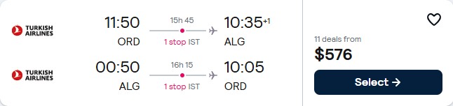 Cheap flights from Chicago to Algiers, Algeria for only $576 roundtrip with Turkish Airlines. Flight deal ticket image.
